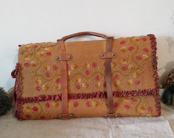 Large old bag decorated with cross stitch, pleated ribbon. Old suitcase. Sewing or haberdashery bag. Leather handle