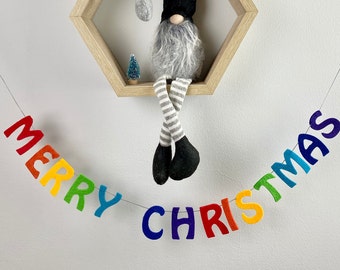 Merry Christmas Rainbow Mini Garland, Christmas mini Bunting Decor, Rainbow Holiday banner decoration