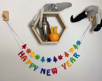 HAPPY NEW YEAR felt letter Garlands, Festive New Years Bunting Banner, Winter holiday decoration