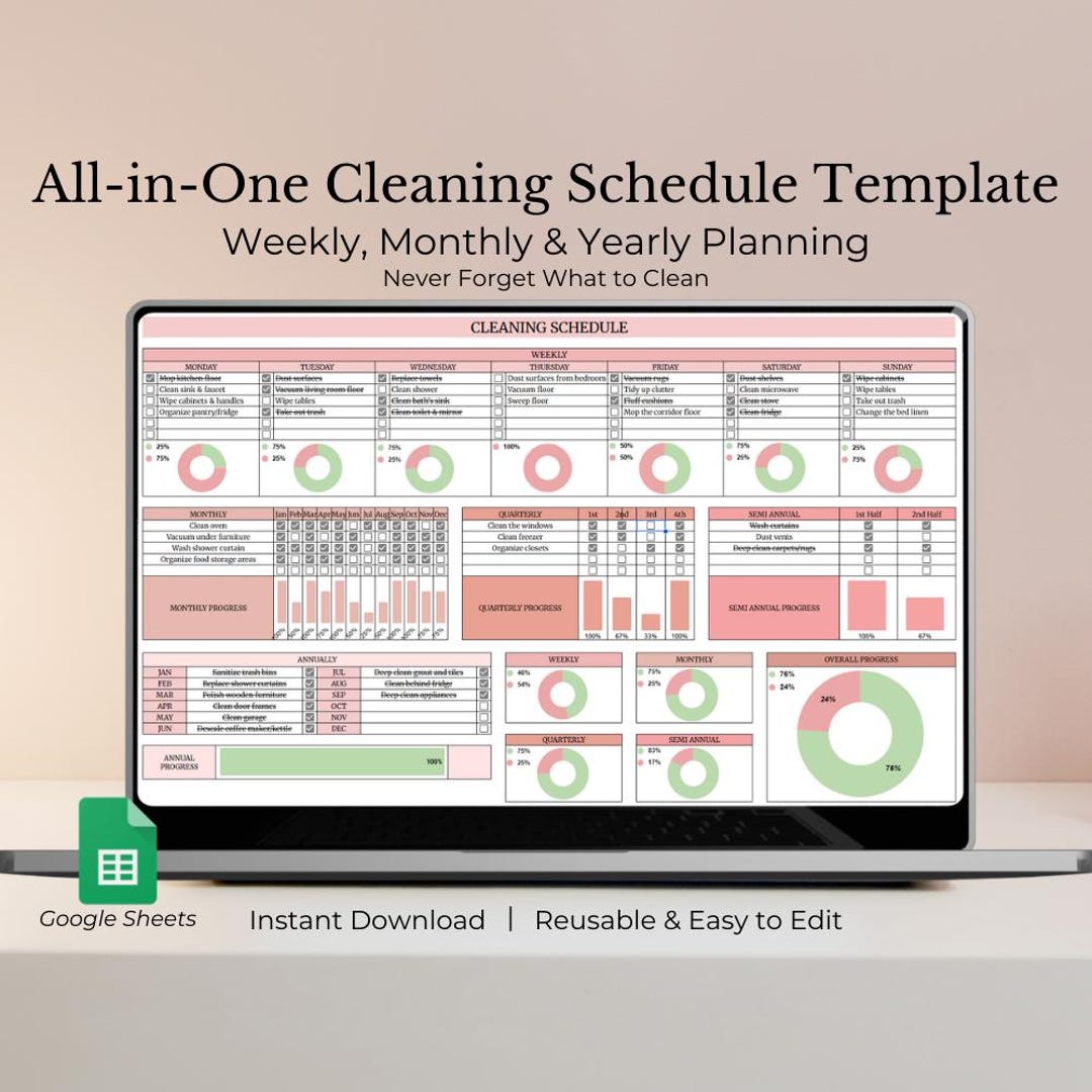 Cleaning Schedule Template Weekly Monthly Planner Google Sheets Digital ...