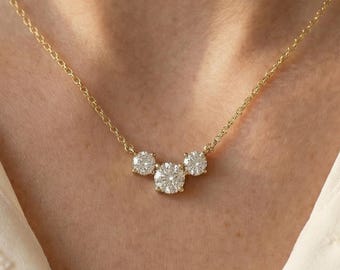 Collana con ciondolo in oro massiccio 14k con tre diamanti, diamanti coltivati in laboratorio da 3,38 TCW