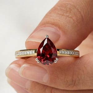 14K Rose Gold Ruby Hidden Halo Pave Engagement Ring, 1.25 CT Pear Cut Ruby Gemstone/0.37 TCW Round Cut Lab Grown Diamonds, Handmade Jewelry