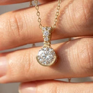 Half Bezel Set Solitaire Wedding Pendant in 14K Solid Gold, 0.75 CT Round Cut Lab Grown Diamond, Birthday Gift For Her, Everyday Pendant