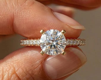 1.00 CT Round Cut Lab Grown Diamond, 14k Gold Pavé  Engagement Ring