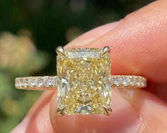 5.00ct Canary Yellow Radiant Cut Lab Grown Diamond Engagement Ring, 14K Solid Gold Pave Band Solitaire, Sustainable Bridal Proposal Ring