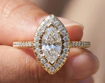 Anello di fidanzamento con alone marquise da 0,80 ct / Anello nuziale in oro 14 carati con pavé di diamanti coltivati in laboratorio