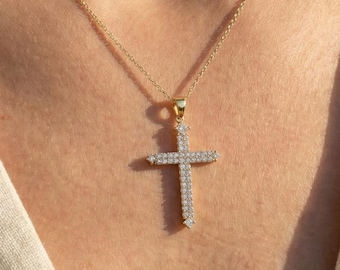 14K Gold Cross Pendant, Lab Grown Diamond Religious Jewelry