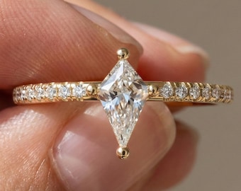 Vintage Inspired Kite Cut Engagement Ring, Solid Gold Pave Lab Diamond Ring, Alternative Moissanite Bridal Jewelry