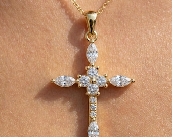 14k Gold Marquise Floral Cross Lab Diamond Pendant, Religious Gift