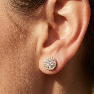 Halo Cluster Stud Earrings in 14k Solid Gold, 0.61 TCW Round Cut Lab Diamonds, Dome Style Elegant Triple Circle Cluster Earrings For Women