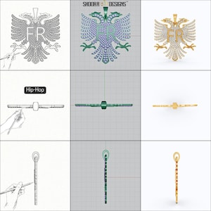 May include: A collection of jewelry designs featuring an eagle emblem with the letters "FR". The designs include a diamond-studded pendant, a green and purple gem-like rendering, and a line drawing. The word "Hip-Hop" is also present.