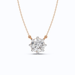 14K Rose Gold Solitaire Pendant Necklace, 2.00 CT Round Cut IGI Certified E/VS Lab Grown Diamond, Anniversary Gift, Six Prong Set Pendant