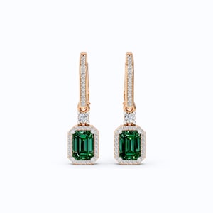 Emerald Gemstone Drop Earrings in 14K Rose Gold, 2.00 TCW Emerald Cut Gemstone, Lever Back Halo Earrings, Handmade Jewelry, Bridal Earrings