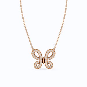 14K Rose Gold Pave Butterfly Shape Pendant Necklace, 038 TCW Round Cut Lab Grown Diamonds, Insect Pendant For Women, Anniversary Pendant