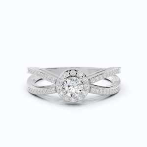 14K White Gold Halo Engagement Ring, 0.50 TCW Round Cut Lab Grown Diamonds, Split Shank Wedding Ring, Gift for Her, Unique Ring For Women