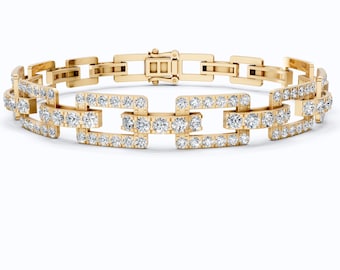 14K Yellow Gold Diamond Link Bracelet, 4.52 TCW Round Cut Lab Grown Diamond Chain, Wedding Gift for Her, Handmade Jewelry, Unique Bracelet