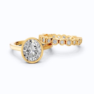 Bezel Set Solitaire Ring With Full Eternity Band in 14K Yellow Gold, 2.50 CT IGI Certified Lab Created Diamond, Wedding Ring Set For Wife