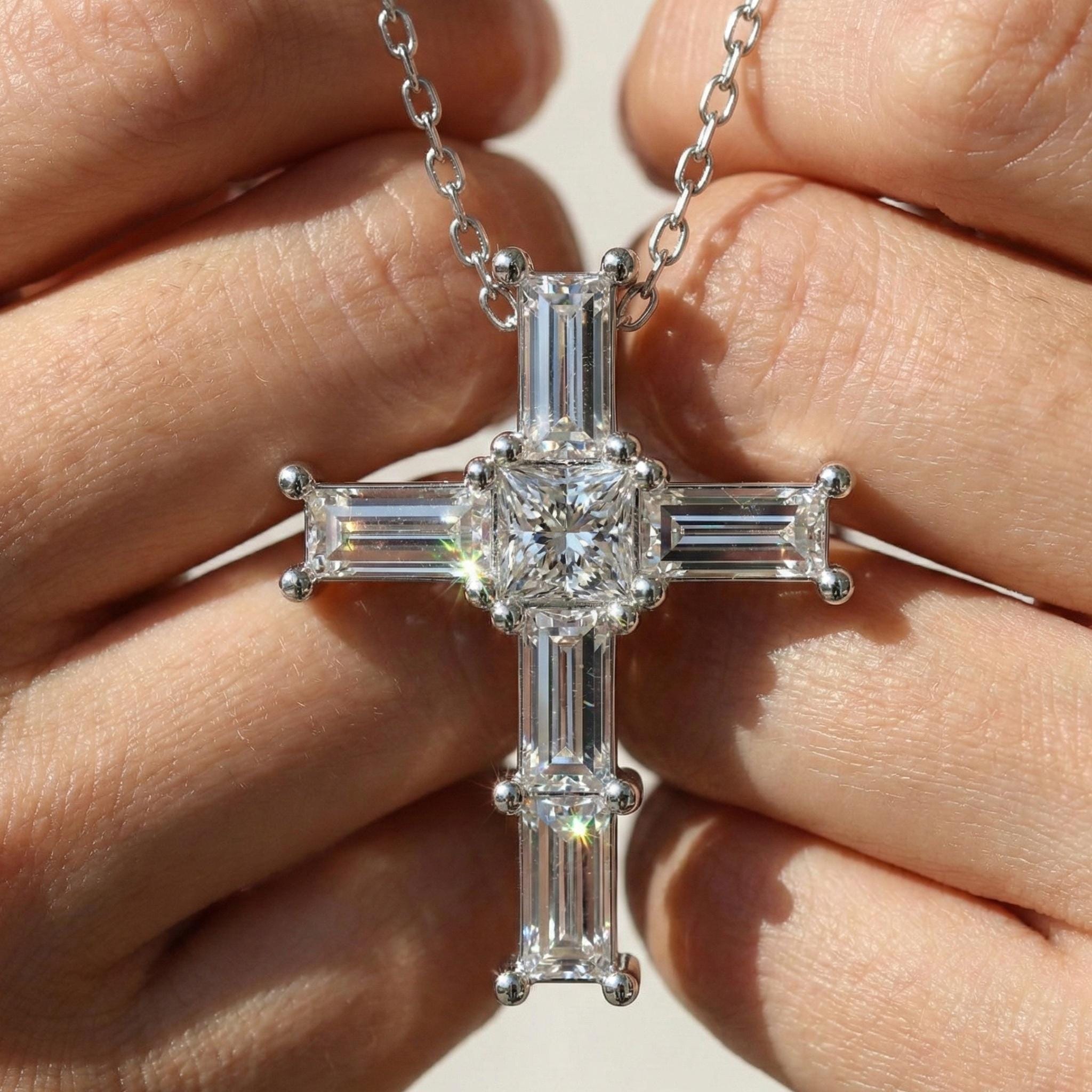 Baguette Princess Cut Cross Pendant Necklace, 14k Solid Gold Lab