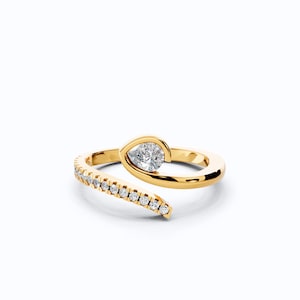 Open Cuff Diamond Ring in 14K Yellow Gold, 0.51 TCW Pear/Round Cut Lab Grown Diamonds, Minimalist Wedding Ring Gift for Women, Daily Wear