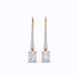 14K Yellow Gold Unique Drop Earrings, 3.50 TCW Emerald Cut Lab Grown Diamonds, Wedding Earrings, Gift for Her, Handmade Jewelry, Wire Hook