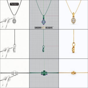 May include: A collection of pendant necklace designs. The image shows various views of the pendants, including front, side, and top perspectives. The pendants feature intricate designs with gemstones and are displayed on chains.