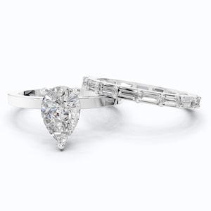 1.75 CT Pear Cut Lab Grown Diamond Hidden Halo Wedding Ring With Full Eternity Band in 14K White Gold, Handmade Wedding Ring Set For Women