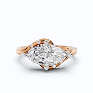 14K Rose Gold East To West Marquise Engagement Ring, 2.00 CT Marquise Cut Lab Created Diamond, Solitaire Bypass Wedding Ring, Fine Jewelry