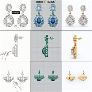 May include: A digital design process for a pair of earrings. The design is shown in three stages: a hand-drawn sketch, a 3D model, and a final rendering. The earrings feature a blue gemstone surrounded by smaller white gemstones.