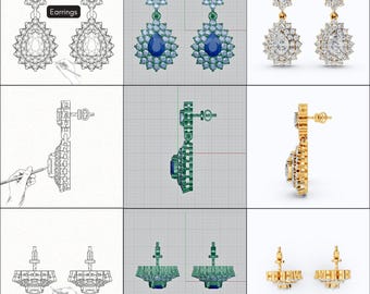 May include: An image showcasing various designs of drop earrings. The earrings feature different gemstone and metal combinations, including blue and clear stones set in silver and gold. The word "Earrings" is visible in the image.