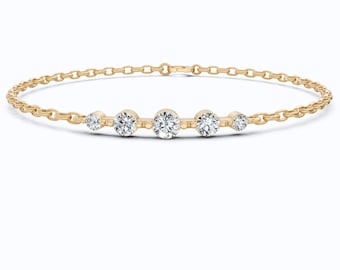 14K Yellow Gold Diamond Bracelet, 0.69 TCW Round Cut Lab Grown Diamonds, Dainty Station Chain Bracelet, Gift for Her, Wedding Jewelry
