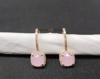 Natural Rose Quartz Pink Diamond Studs Earrings With Diamond Earrings Lever back Wedding Gift in 925 Silver /10k/14K/18k Gold