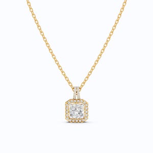Unique Halo Wedding Pendant in 14K Yellow Gold, 0.75 CT Round Cut EF-VS Lab Created Diamond, Anniversary Gift For Wife, Handmade Pendant