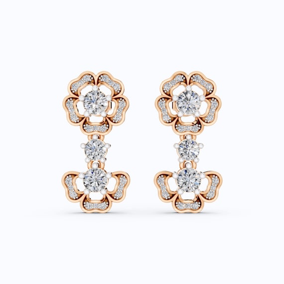 14K Rose Gold Flower Drop Earrings, TCW Round Cut Lab Created Diamond  Earrings, Bridal Jewelry Gift for Her, Handmade Fine Earrings - Main Image