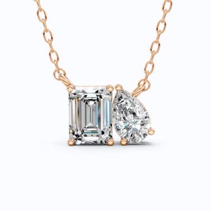 Toi Et Moi Two Stone Modern Pendant in 14k Gold, 2.55 TCW Pear/Emerald Cut Lab Diamonds, Wedding Jewelry Gift for Wife, Everyday Jewelry