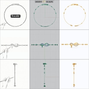 May include: A step-by-step design process for a gold bracelet with an infinity symbol. The bracelet is adorned with small, clear gemstones. The design process includes a hand-drawn sketch, a computer-aided design (CAD) model, and a finished product.