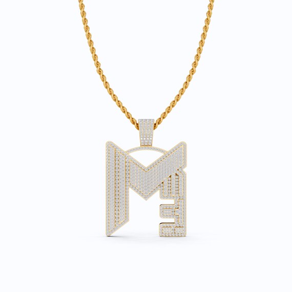 Custom Hip-Hop “M” Pendant in 10K Gold, TCW Round Cut Lab Grown  Diamonds, Statement Jewelry, Iced-Out Chain Gift for Him, Fine Jewelry