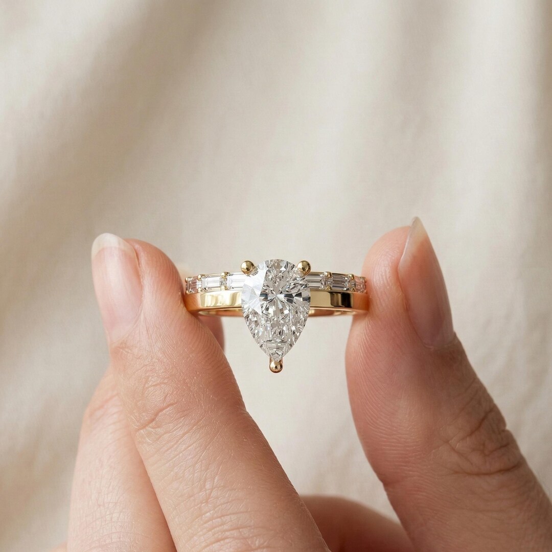 Pear Cut Engagement Ring With Baguette Accents, Gold Wedding Ring ...
