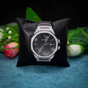 Titan Customised Watch, Round Cut Lab Grown F/VS Diamonds, Diamond Bezel, Black Dial, Stainless Steel Strap Bracelet for Men, Gifts for Him