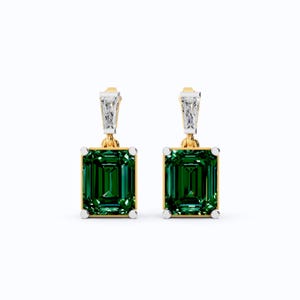Emerald Gemstone Teardrop Earrings in 14K Yellow Gold, 5.40 TCW Emerald Gemstone/ TP Baguette Cut Lab Grown Diamonds, Elegant Bridal Jewelry