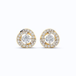 Unique Halo Wedding Earrings in 14K Yellow Gold, 0.84 TCW Round Cut Lab Grown Diamonds, Anniversary Gift, Daily Wear Handmade Earrings