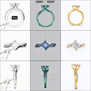 May include: A sketch, 3D model, and finished rendering of a gold ring with a square-shaped diamond set in a twisted band. The ring is adorned with small diamonds along the band.
