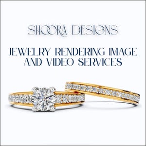 May include: Two gold rings with diamond detailing. One ring has a large, round, clear diamond centre stone. The other is a gold band with small diamonds. Text reads "SHOORA DESIGNS" and "JEWELRY RENDERING IMAGE AND VIDEO SERVICES."