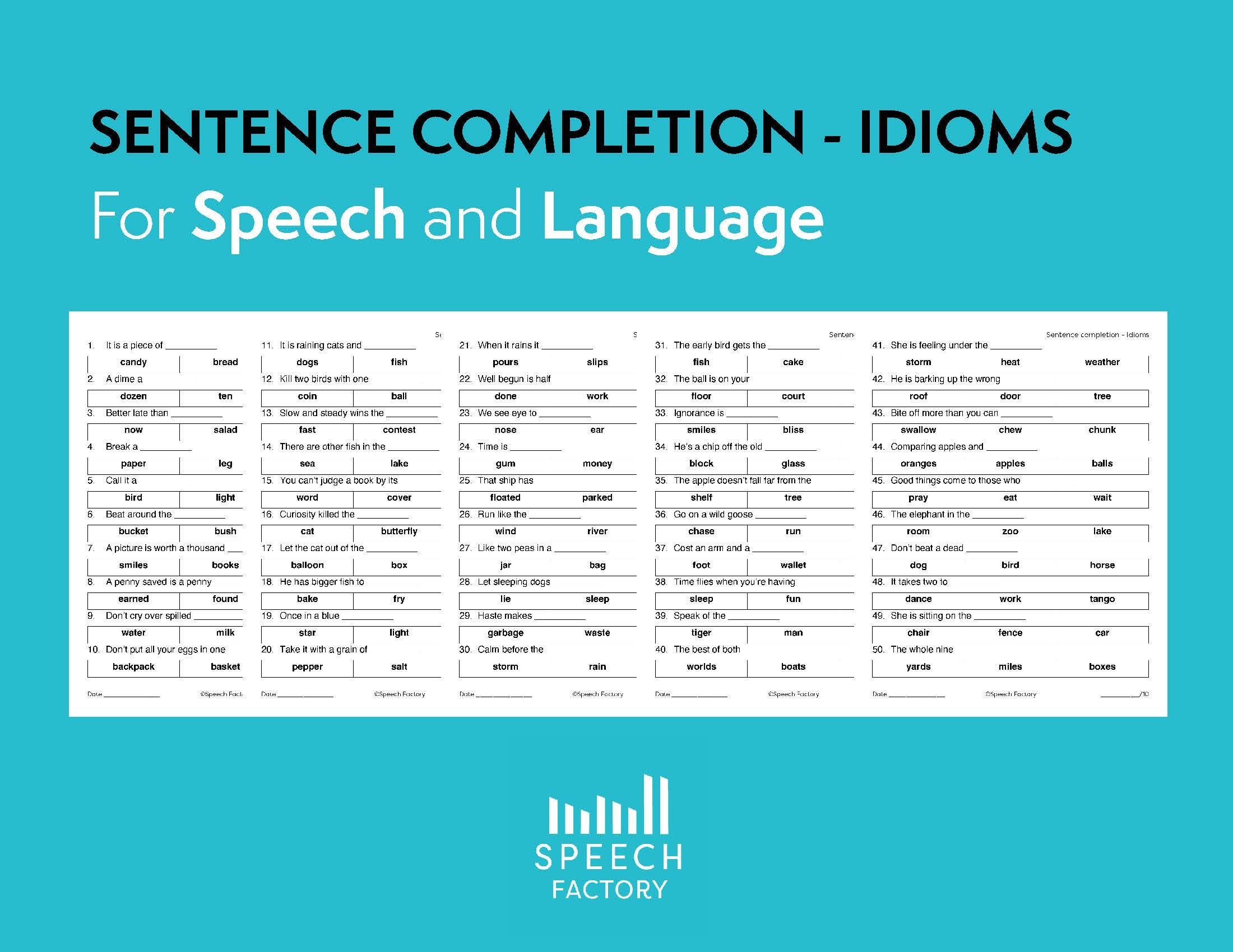 sentence-completion-idioms-speech-and-language-worksheet-etsy