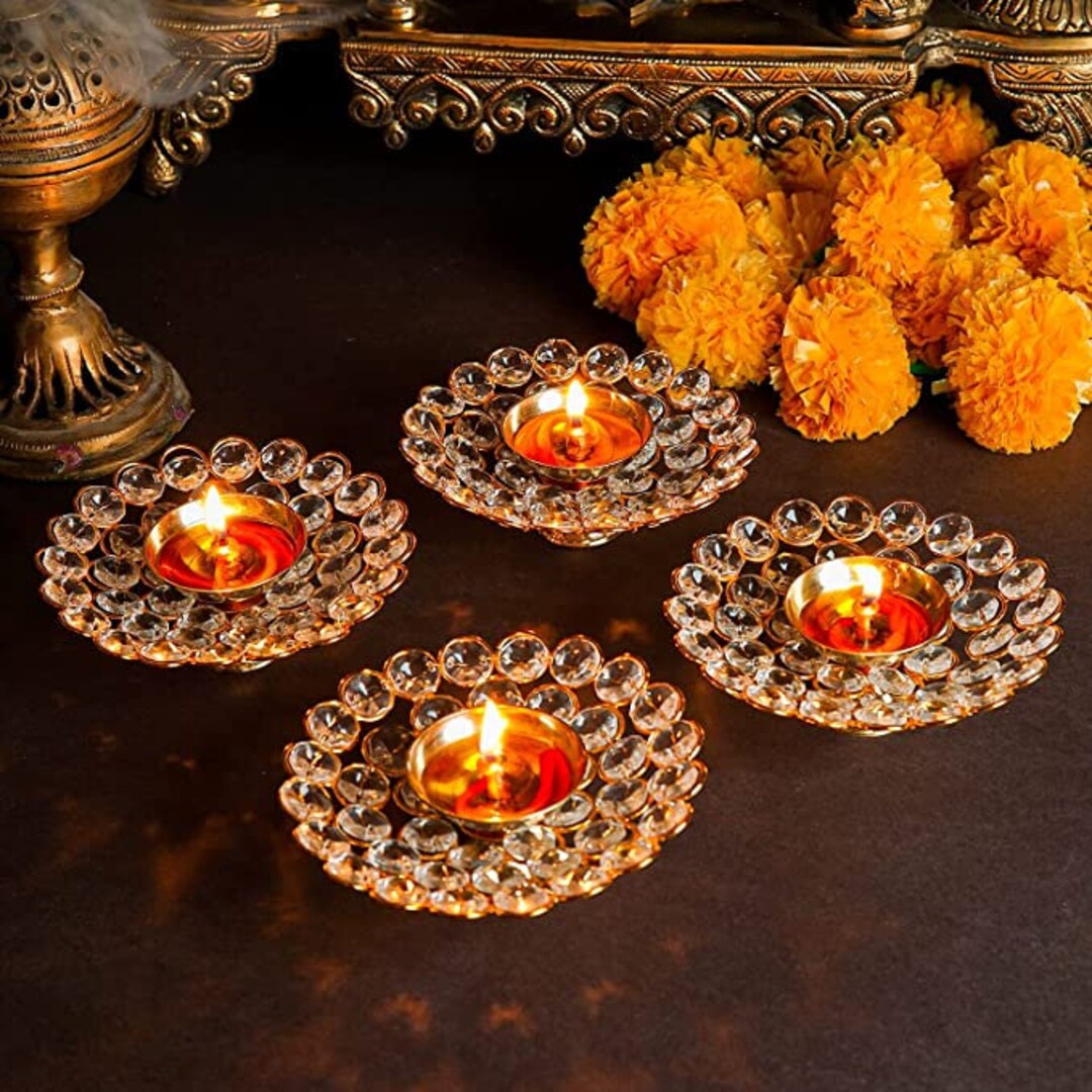 Set of 4 Metal Small Crystal Diya for Pooja Home Temple Deepak