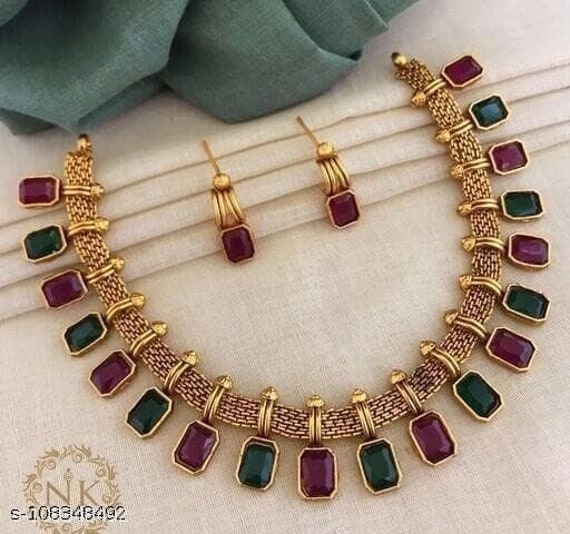 South Indian Women Necklace Set Gold Plated Jewelry Kempu Set