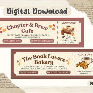 Puede incluir: Dos diseños de boletos imprimibles de estilo vintage para una cafetería y una panadería. El boleto de la cafetería es marrón con hojas naranjas y amarillas y un texto que dice "Chapter & Brew Cafe". El boleto de la panadería es marrón con estrellas doradas y un texto que dice "The Book Lovers Bakery". Ambos boletos tienen las palabras "Admit One" y "One Hot Drink Provided".