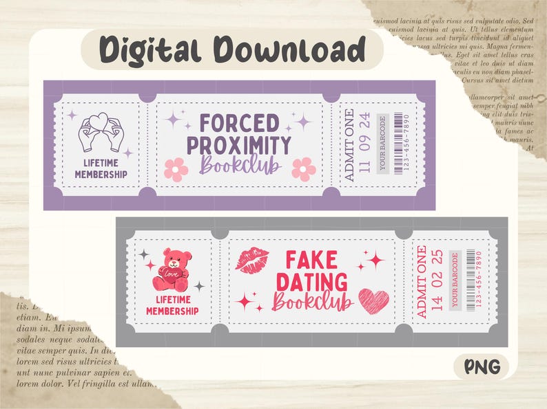 May include: Two purple and gray printable tickets with pink hearts and stars. The top ticket says "Forced Proximity Bookclub" and the bottom ticket says "Fake Dating Bookclub". Both tickets have the text "Lifetime Membership" and "Admit One" with a date and barcode.