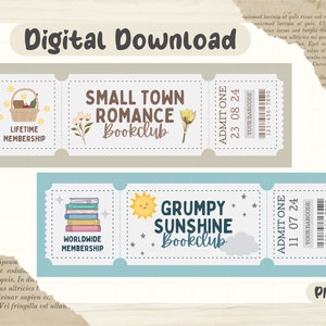 May include: Two printable ticket designs for book clubs. The top ticket is beige with a basket of flowers and the text "Small Town Romance Bookclub" and "Admit One 23 08 24". The bottom ticket is blue with a stack of books and the text "Worldwide Membership" and "Grumpy Sunshine Bookclub" and "Admit One 11 07 24".