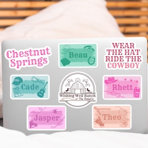 May include: A set of ten personalized stickers with various designs, including a barn, cowboy hat, boots, and a lasso. The stickers feature the names Beau, Cade, Jasper, Rhett, Theo, and the text "Chestnut Springs", "Wishing Well Ranch The Eaton's", and "Wear the Hat Ride the Cowboy".