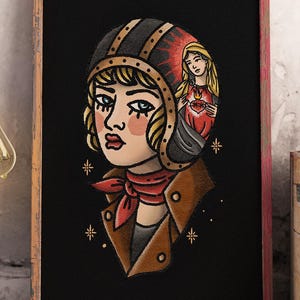 Rider Tattoo Style Printable – Old School Aviation Flash Art – Retro Helmet Lady Wall Decor